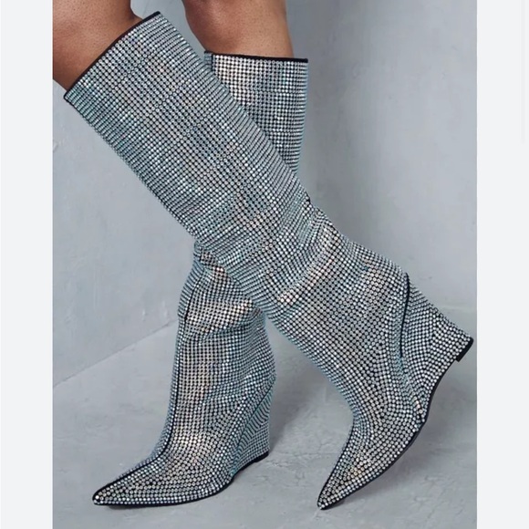 Gianni Bini GaborTwo Rhinestone Pointed Toe Tall Wedge Boots - Picture 1 of 7